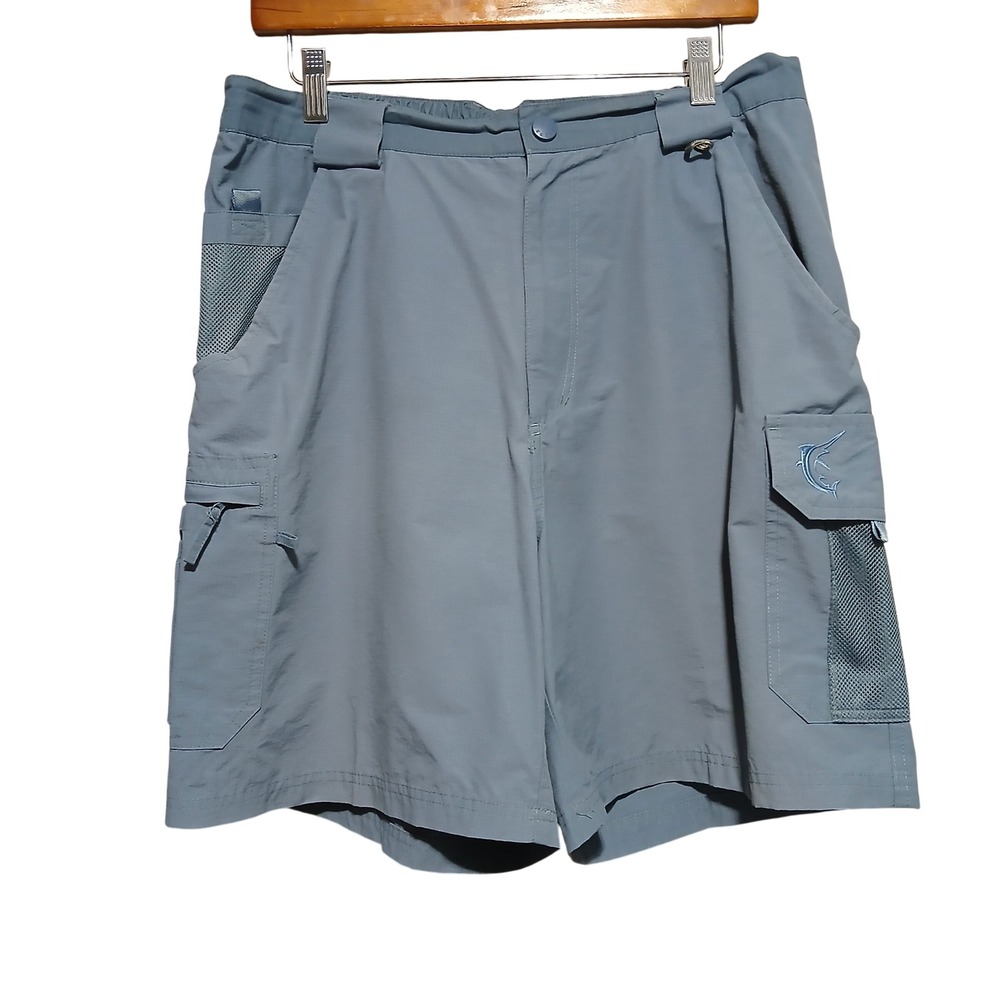 Reel Legends Mens Gray Blue Cargo Fishing Shorts Performance Size Medium Ripstop